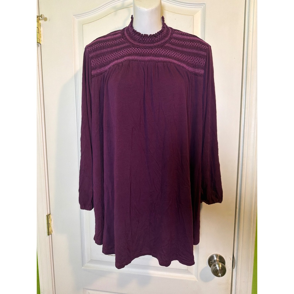 Lane Bryant Plum Purple Smocked Mock Neck Tunic Top Long Sleeve Plus Size 22/24